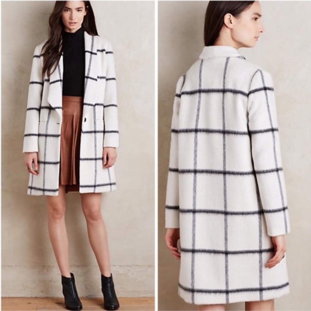 Anthropologie Elevenses Women’s Wool & Mohair Blend Windowpane Coat Size 4